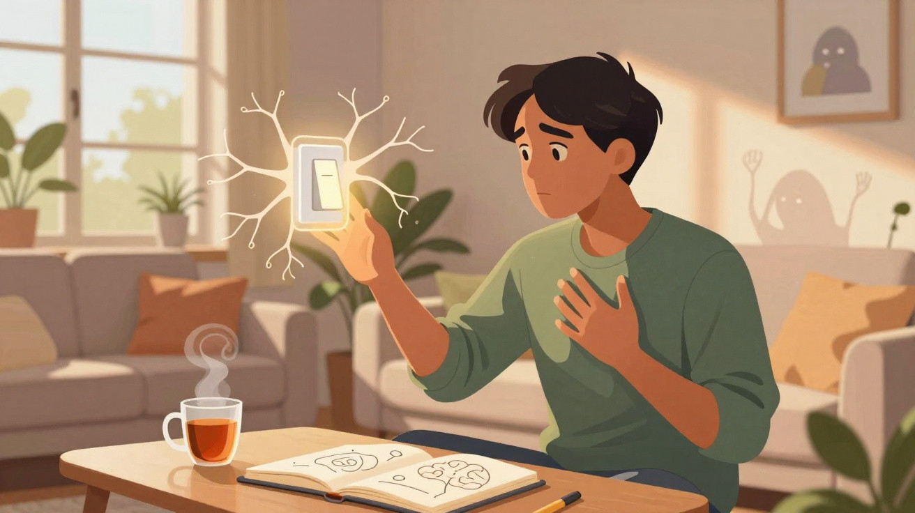Pessoa surpreendida ao acender um interruptor luminoso numa sala acolhedora com chá e livro na mesa.