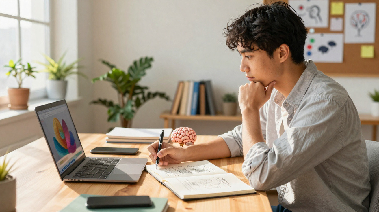 Homem jovem a estudar desenhos e gráficos num caderno, sentado à secretária com computador portátil aberto.