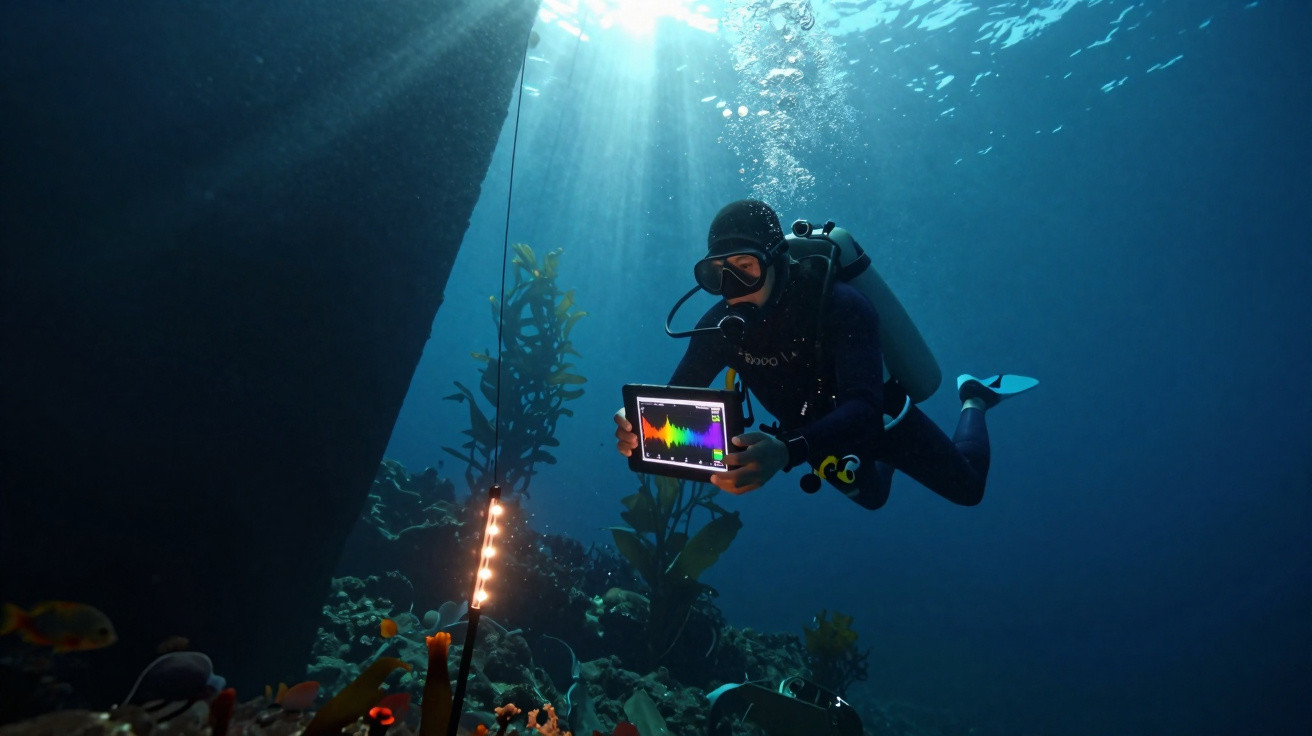 Mergulhador submarino com tablet a analisar dados de luz natural próximo de corais e vegetação marinha.