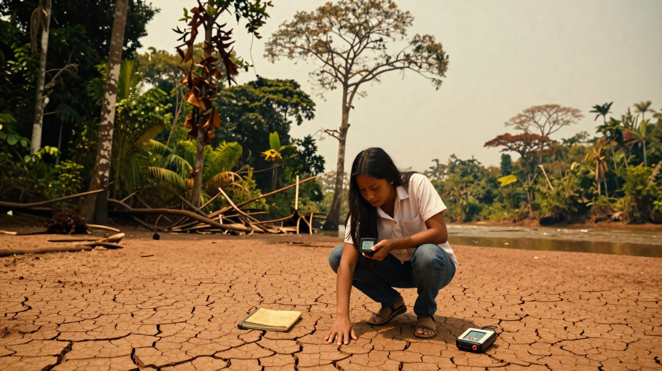 Jovem sentada numa terra seca e rachada, segurando dispositivo eletrónico junto a um rio e vegetação.