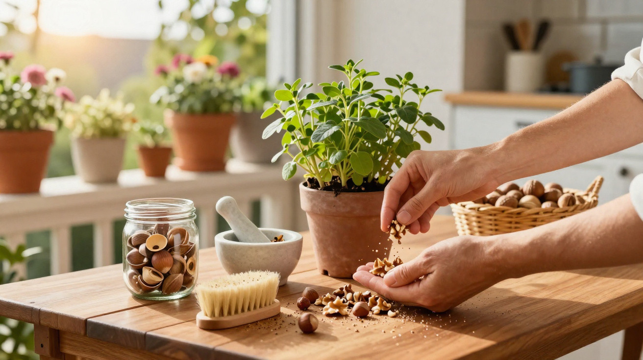 Mãos a partir a noz moscada sobre mesa de madeira com plantas, frascos e cesto de nozes numa varanda iluminada.