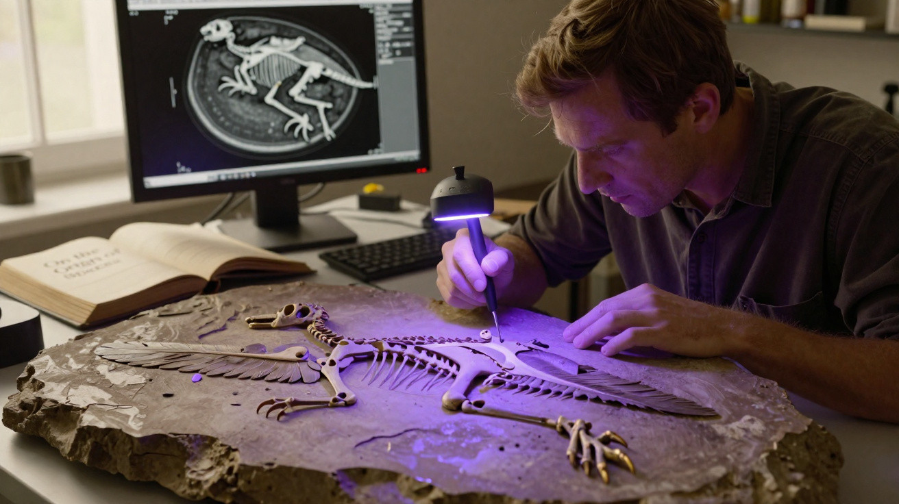 Homem examina fóssil de dinossauro em mesa com luz ultravioleta, com imagem de raio-X no computador ao fundo.