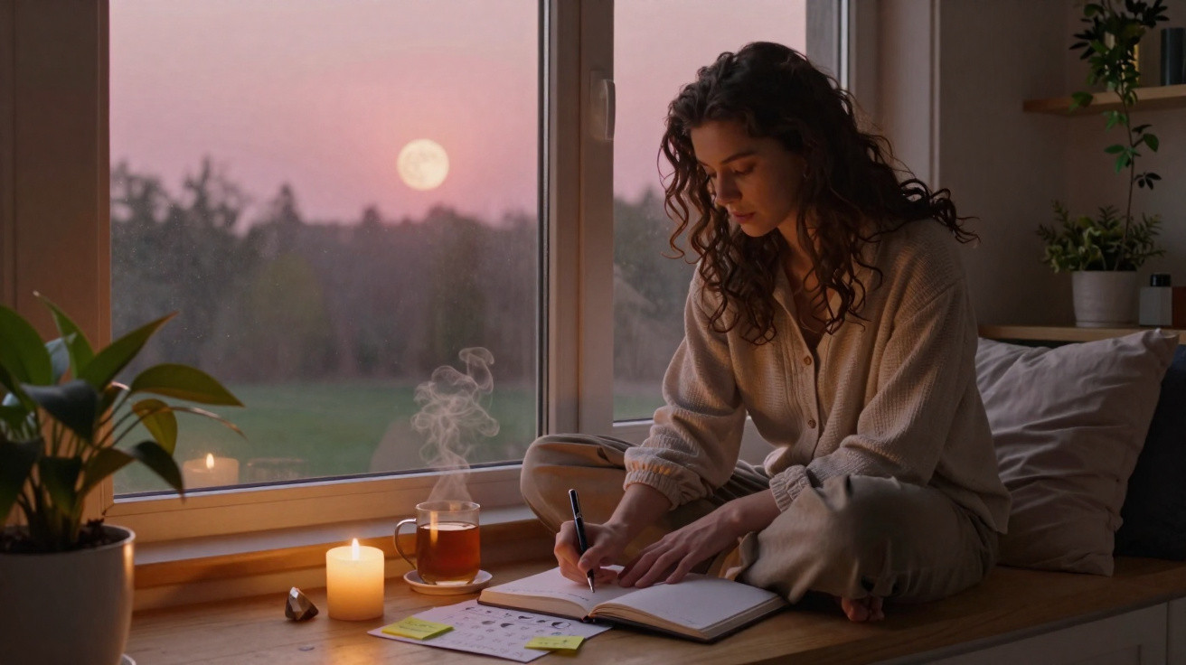 Mulher sentada à janela ao pôr do sol escrevendo num caderno, com chá quente e vela acesa ao lado.