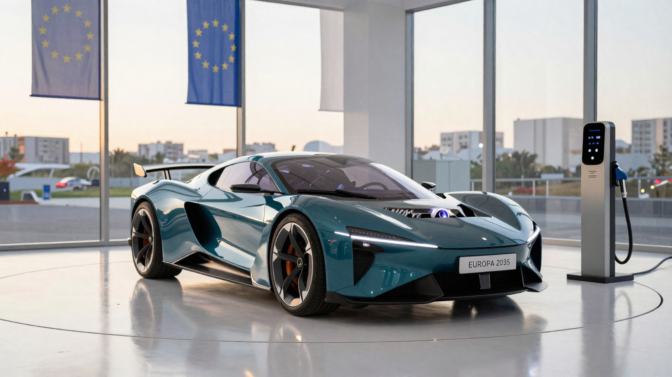 Carro desportivo elétrico azul moderno a carregar numa estação de carregamento interior com bandeiras da União Europeia ao fu