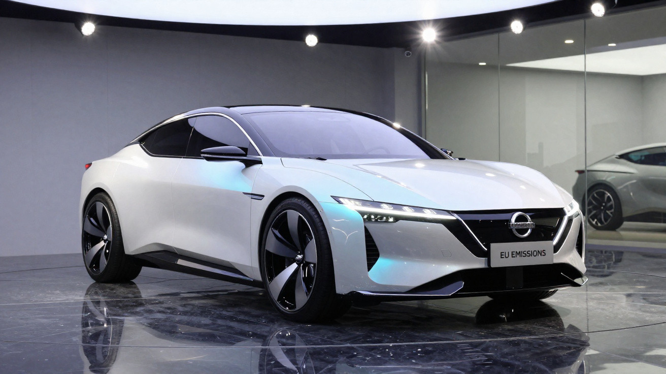 Veículo elétrico desportivo branco em exposição, com design futurista e jantes pretas brilhantes.