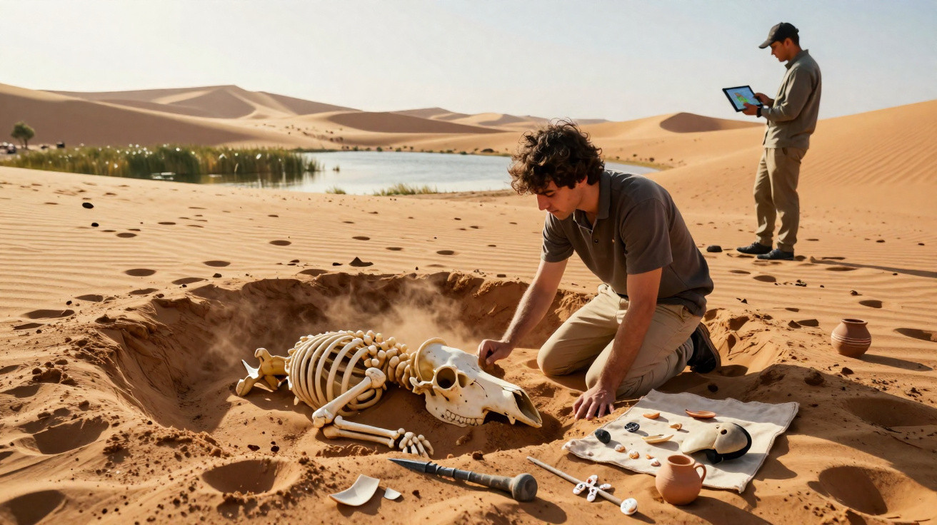 Dois arqueólogos escavam e analisam esqueletos e artefactos no deserto junto a um oásis.
