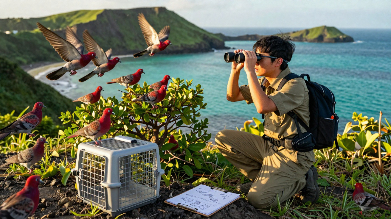 Jovem observa aves vermelhas com binóculos numa paisagem costeira verde, com gaiola e prancheta no solo.