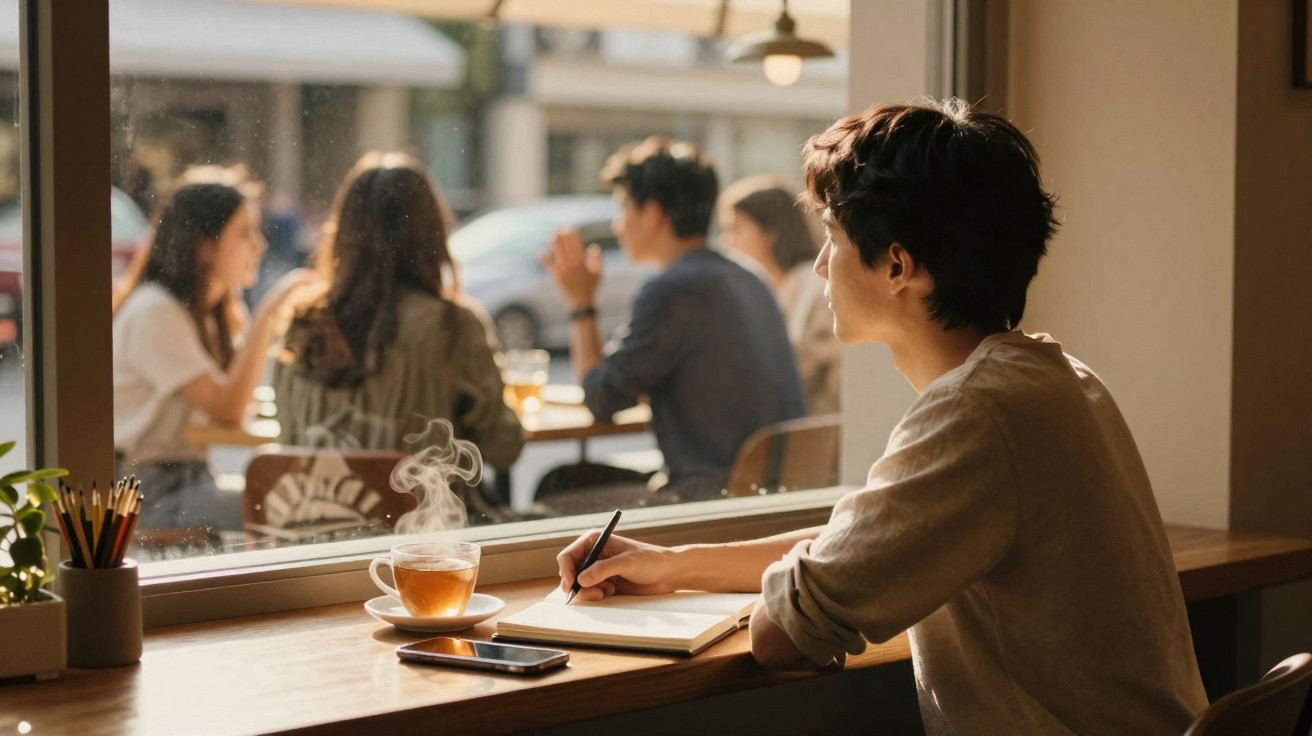 Jovem sentado junto a janela, escrevendo num caderno com chá quente e telemóvel à frente num café.