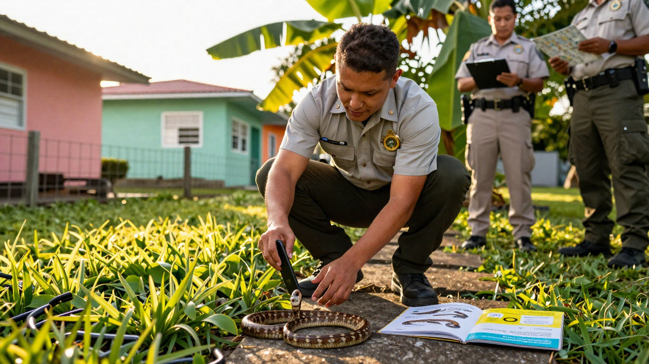 Homem de uniforme manuseia cobra enrolada no chão, com dois colegas de uniforme e casas ao fundo.