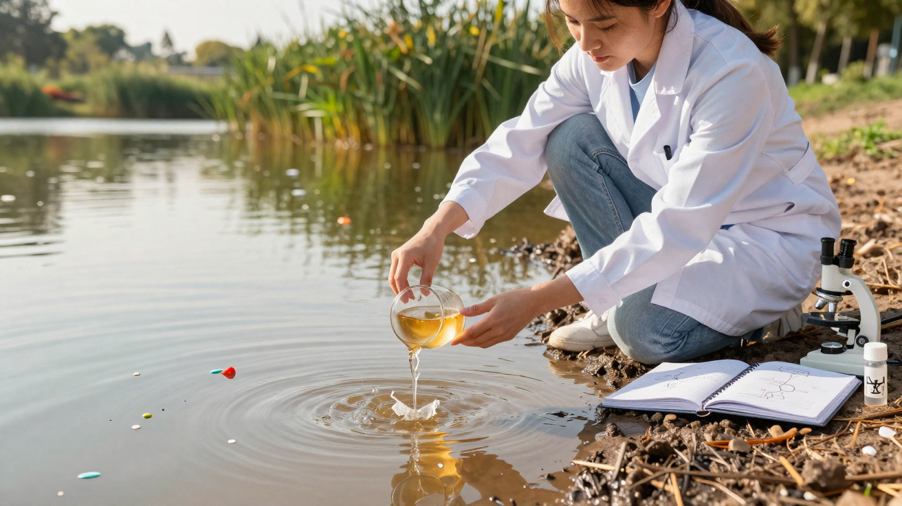 Mulher em bata branca recolhe amostra de água num lago, com material de laboratório e caderno aberto na margem.