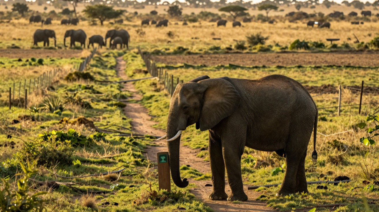 Elefante jovem numa senda rural com outros elefantes ao fundo numa planície seca ao pôr do sol.