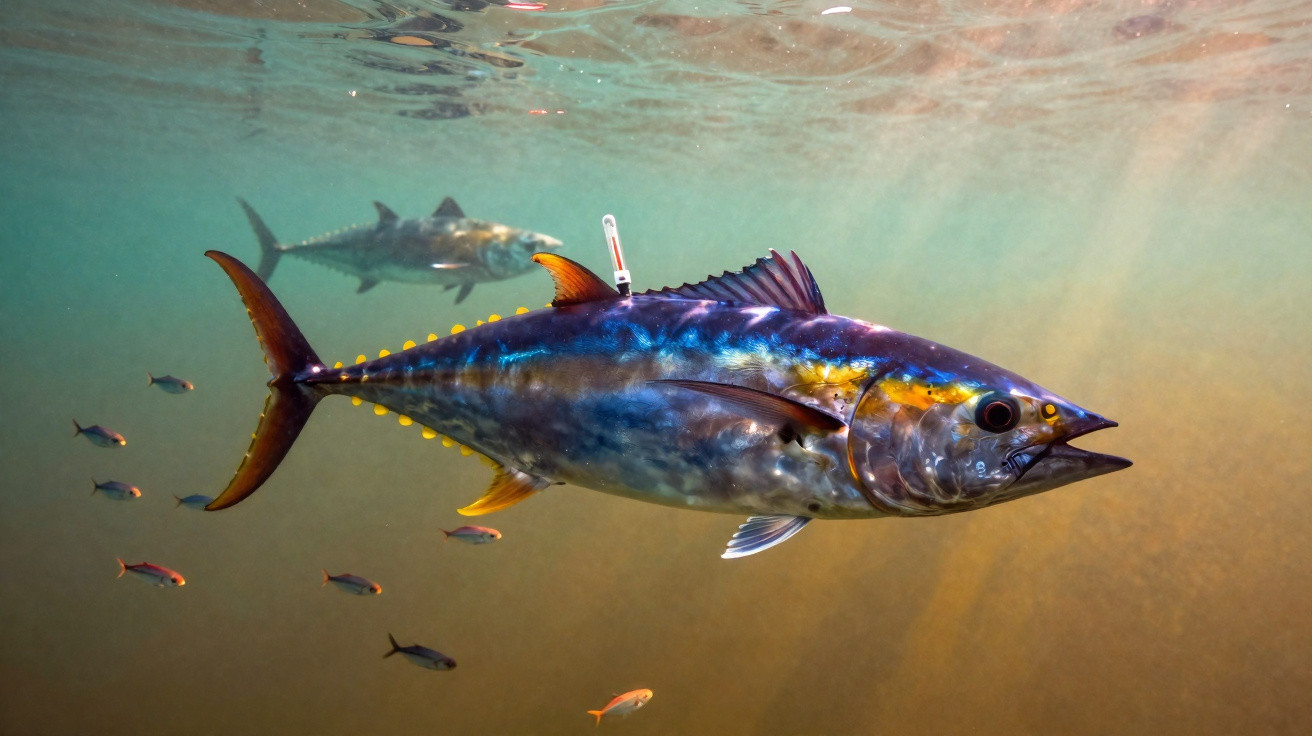 Atum azul submerso, com pequeno dispositivo fixado nas costas, rodeado por peixes pequenos.