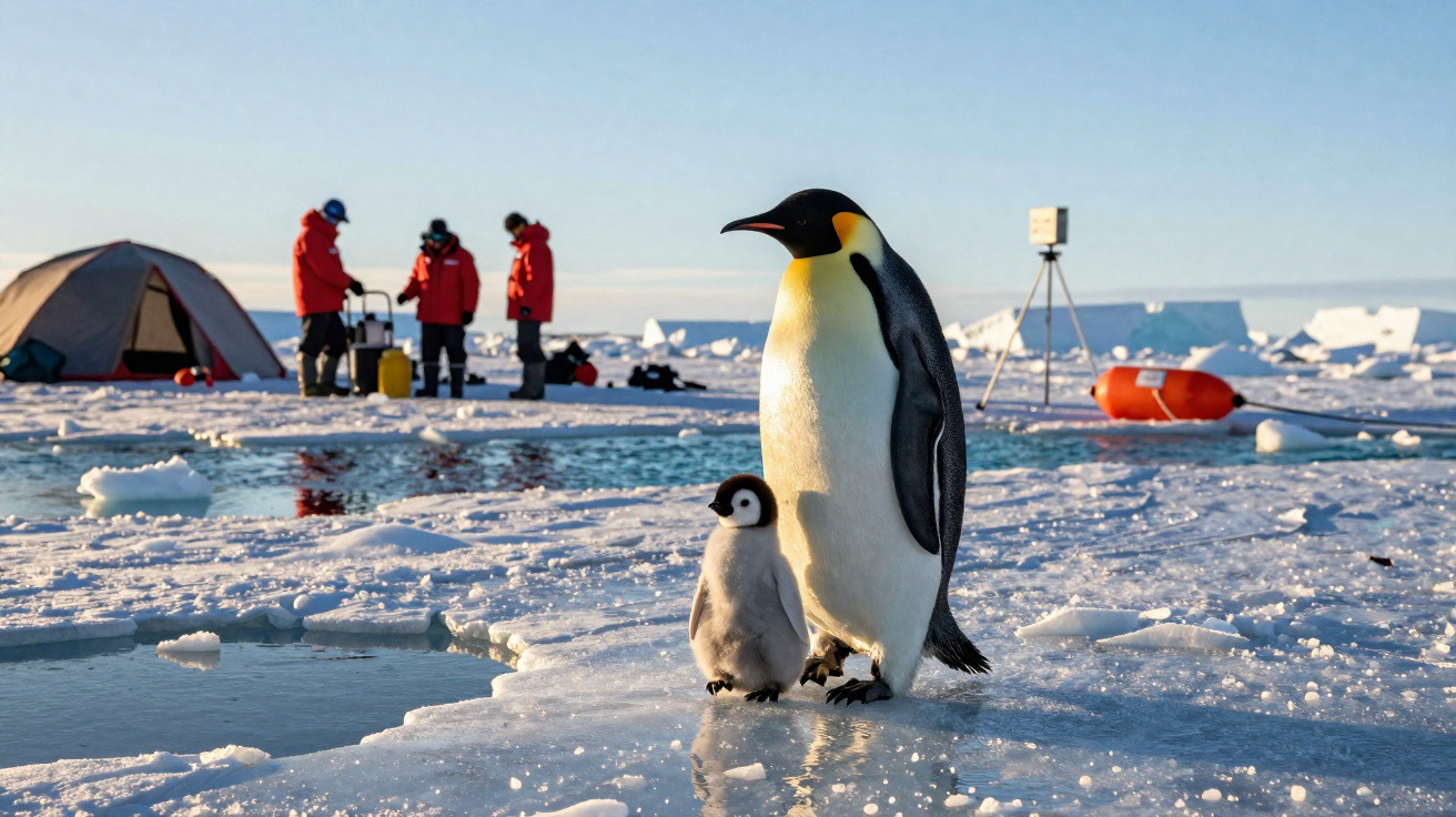 Pinguim-imperador e filhote na neve com cientistas de vermelho e tenda ao fundo.