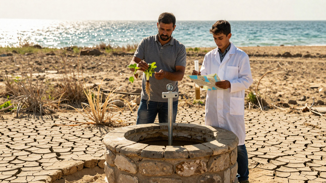 Dois homens junto a um poço antigo numa terra seca e rachada, um segura uma planta e o outro um mapa.