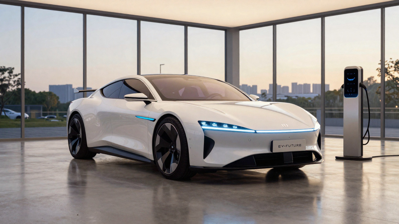 Carro elétrico desportivo branco estacionado numa garagem moderna com estação de carregamento.