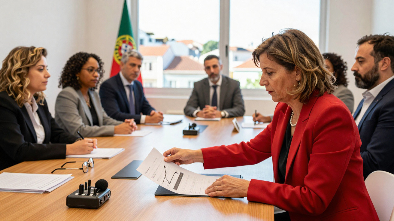 Grupo de profissionais em reunião formal numa sala com bandeira de Portugal ao fundo.