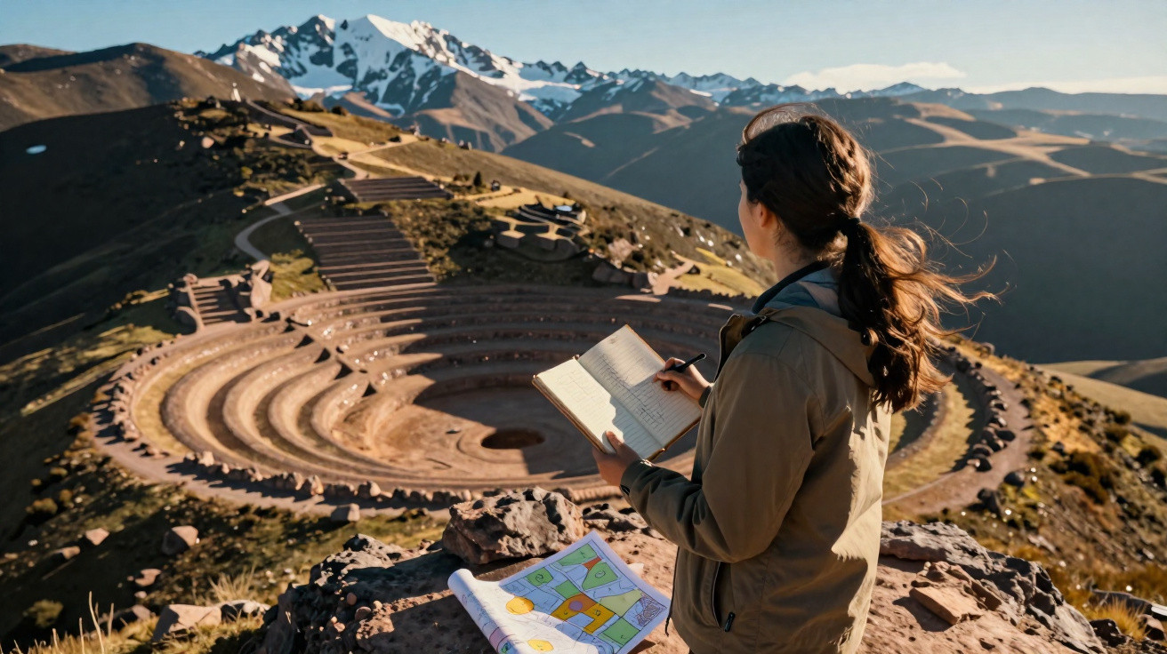 Mulher observa ruínas circulares nas montanhas enquanto toma notas com mapa ao lado.